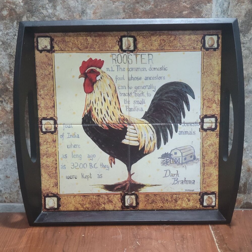 Ceramic Trivet Tile Chicken Rooster Serving Tray Cut Out Handles Wood Base Farmh